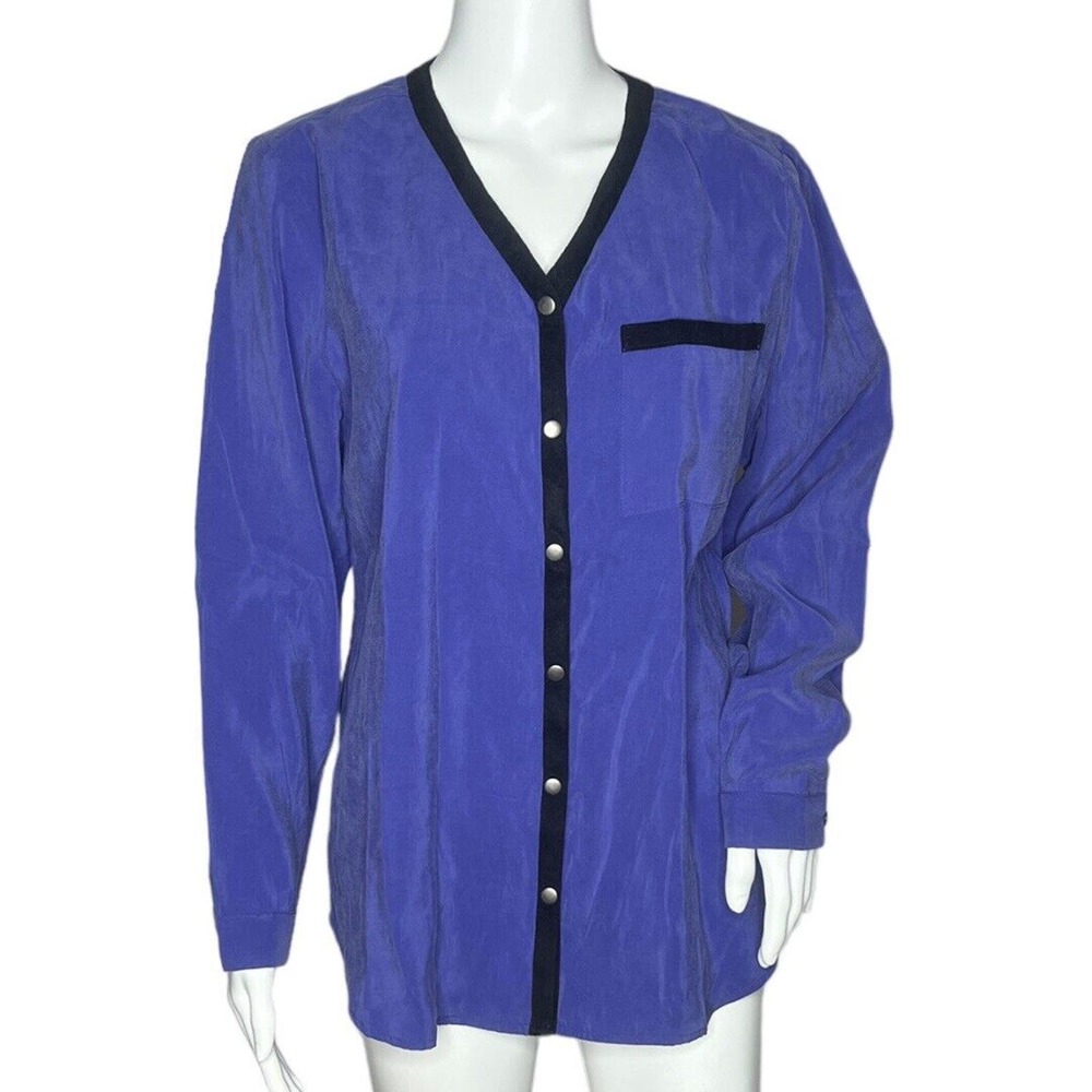 Chicos Blouse Medium Blue Black Contrast Trim Button Front Modern Career Chic